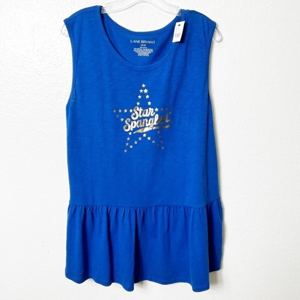 LANE BRYANT BLUE STAR SPANGLED WOMEN GRAPHIC TEE TANK TOP RUFFLE TUNIC 1…